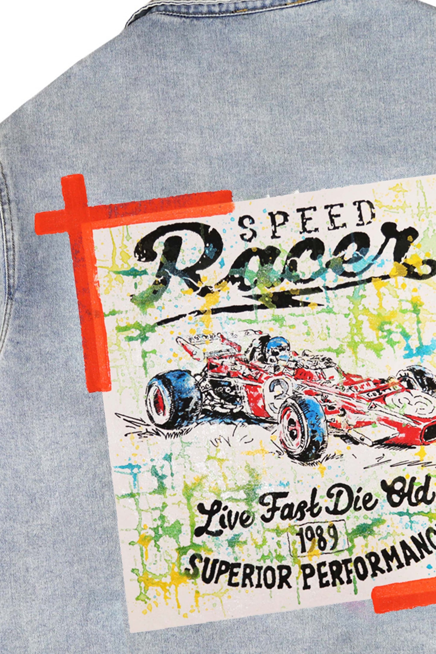 Racing Car Print W/Hand Painted Art Work Light Blue Denim Jacket