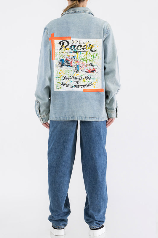 Racing Car Print W/Hand Painted Art Work Light Blue Denim Jacket