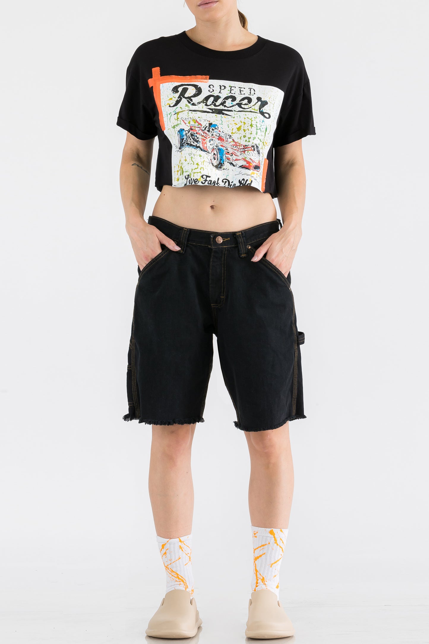 Racing Car Print W/Hand Painted Art Work Crop Tee Black