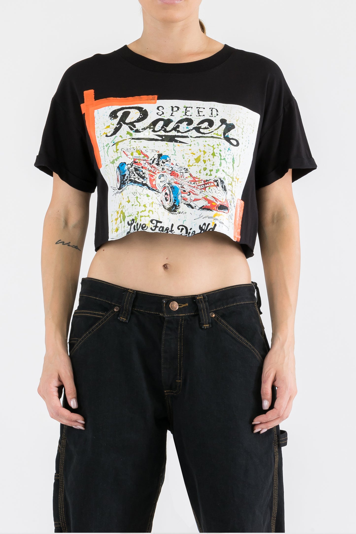 Racing Car Print W/Hand Painted Art Work Crop Tee Black