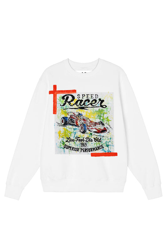 Racing Car Print W/Hand Painted Art Work Crew White