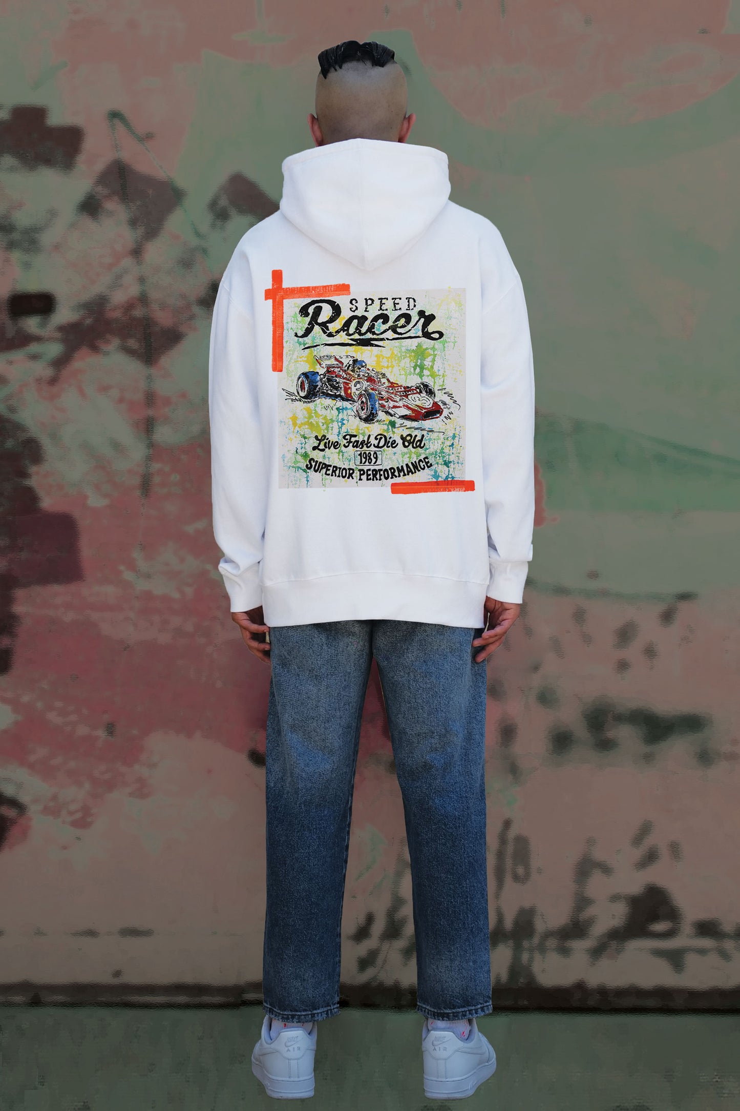 Racing Car Print W/Hand Painted Art Work Hoodie White