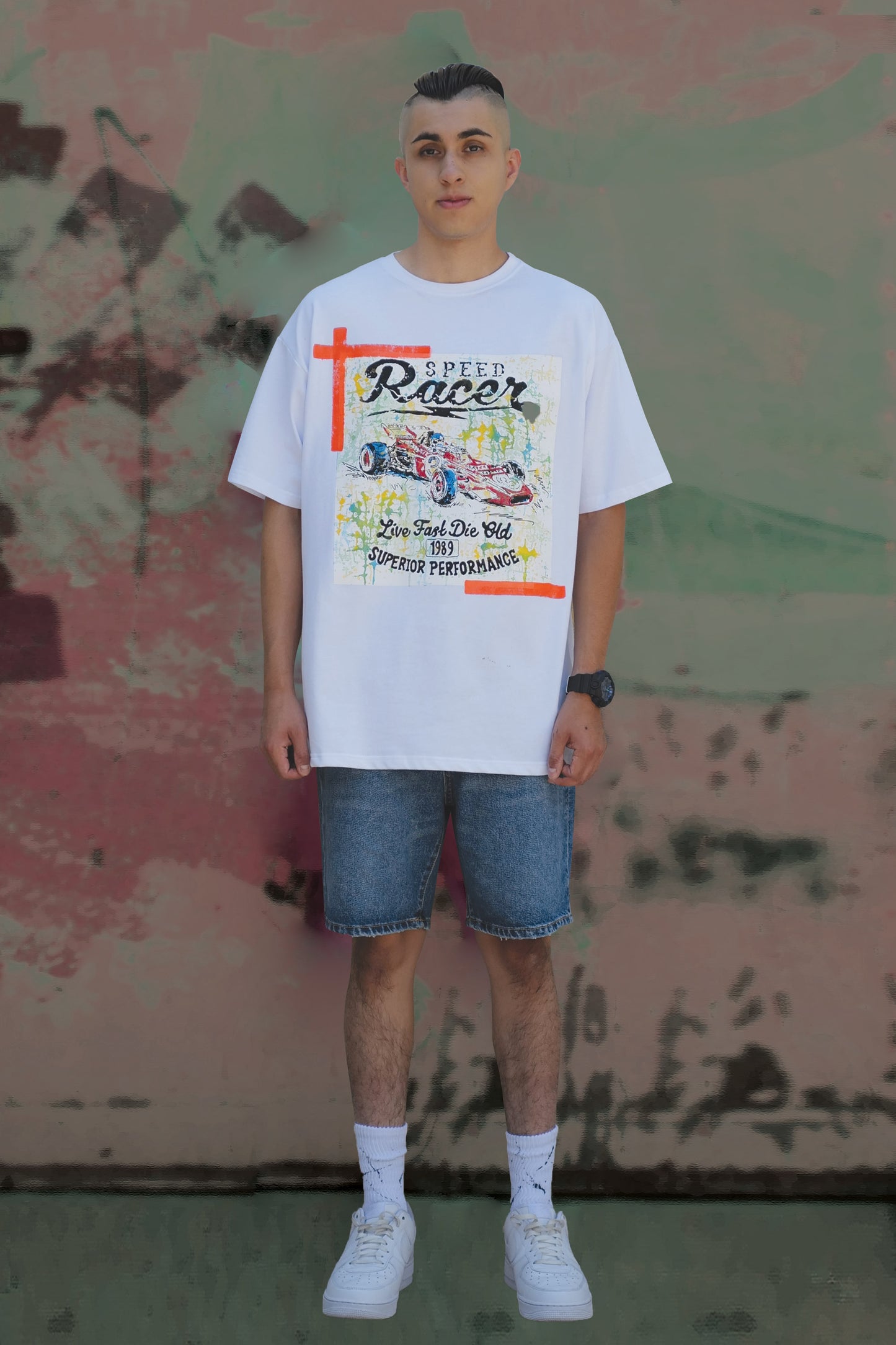 Racing Car Print W/Hand Painted Art Work Tee White