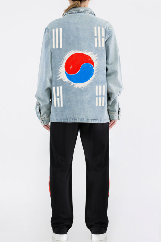 South Korea Flag Hand Painted Art Work Light Blue Denim Jacket