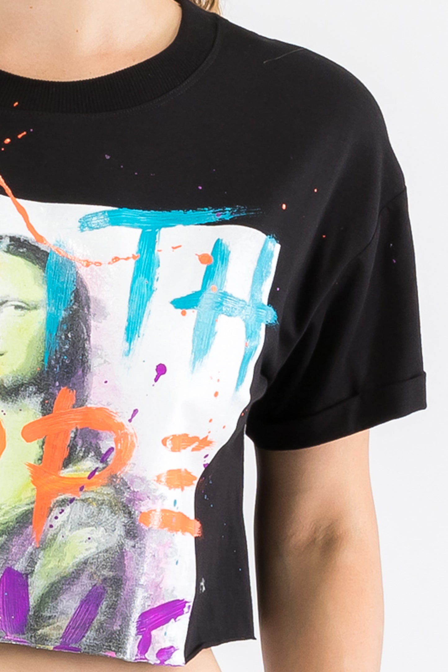 Monalisa Print W/Hand Painted Art Work Crop Tee Black