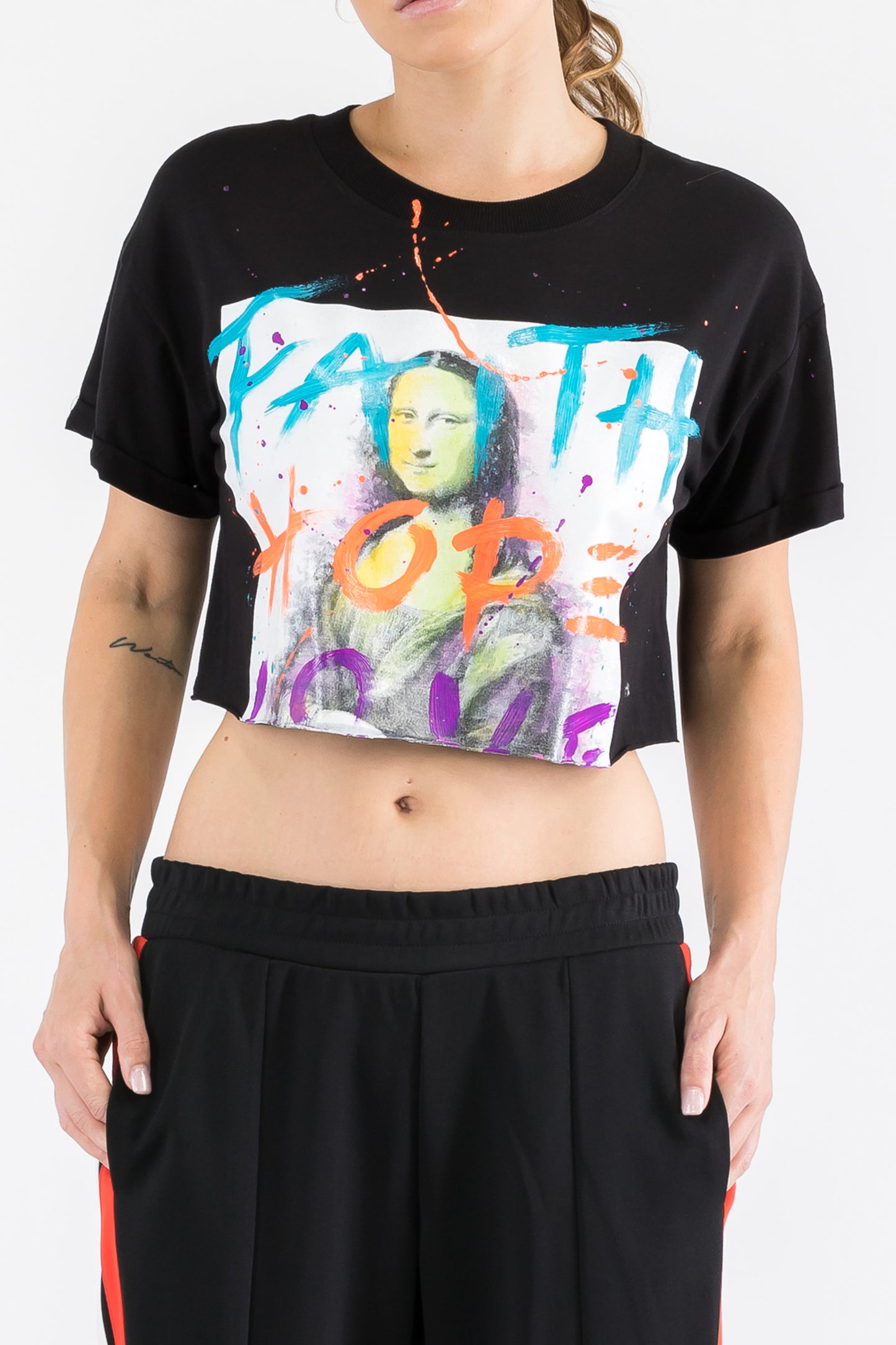 Monalisa Print W/Hand Painted Art Work Crop Tee Black