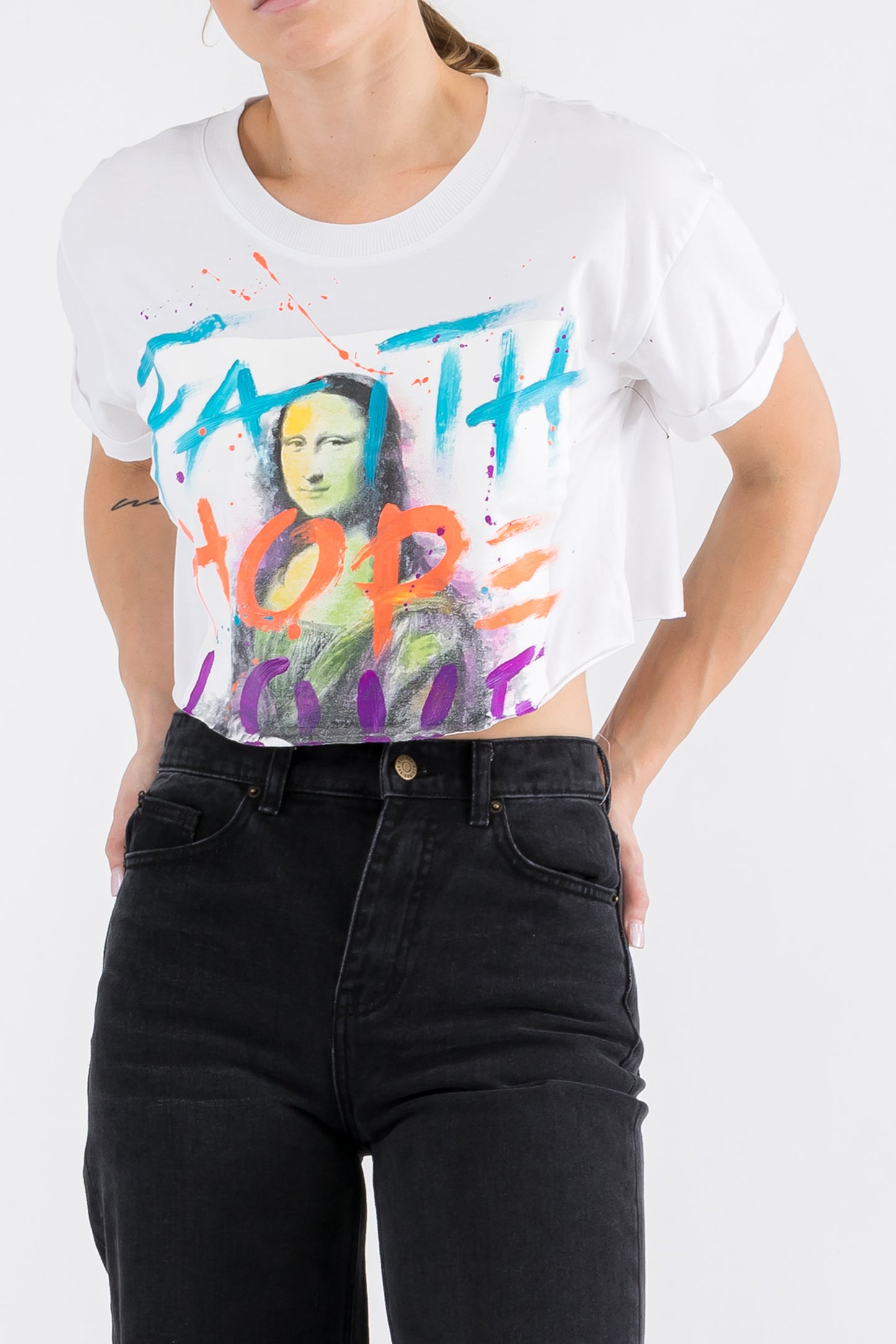 Monalisa Print W/Hand Painted Art Work Crop Tee White