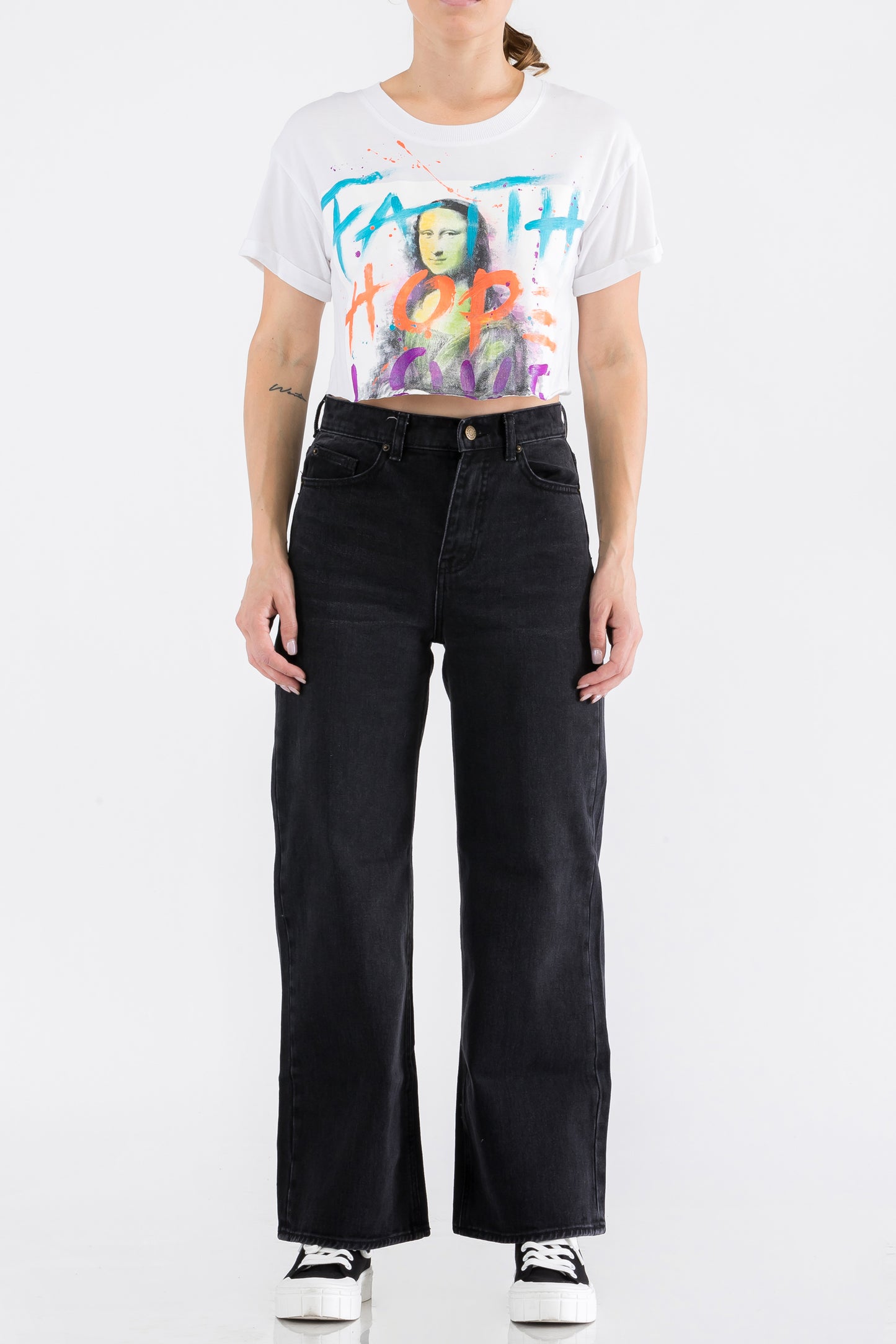 Monalisa Print W/Hand Painted Art Work Crop Tee White