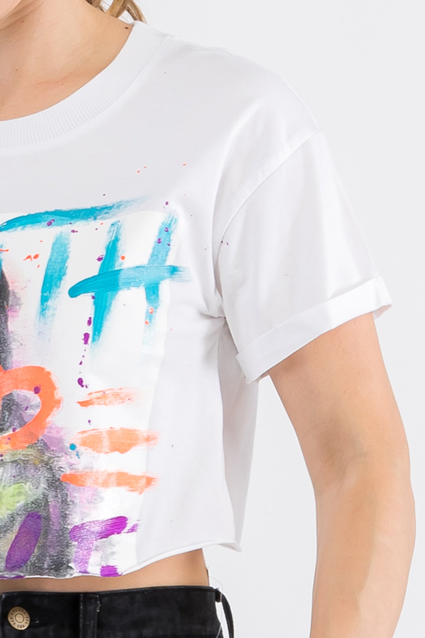 Monalisa Print W/Hand Painted Art Work Crop Tee White