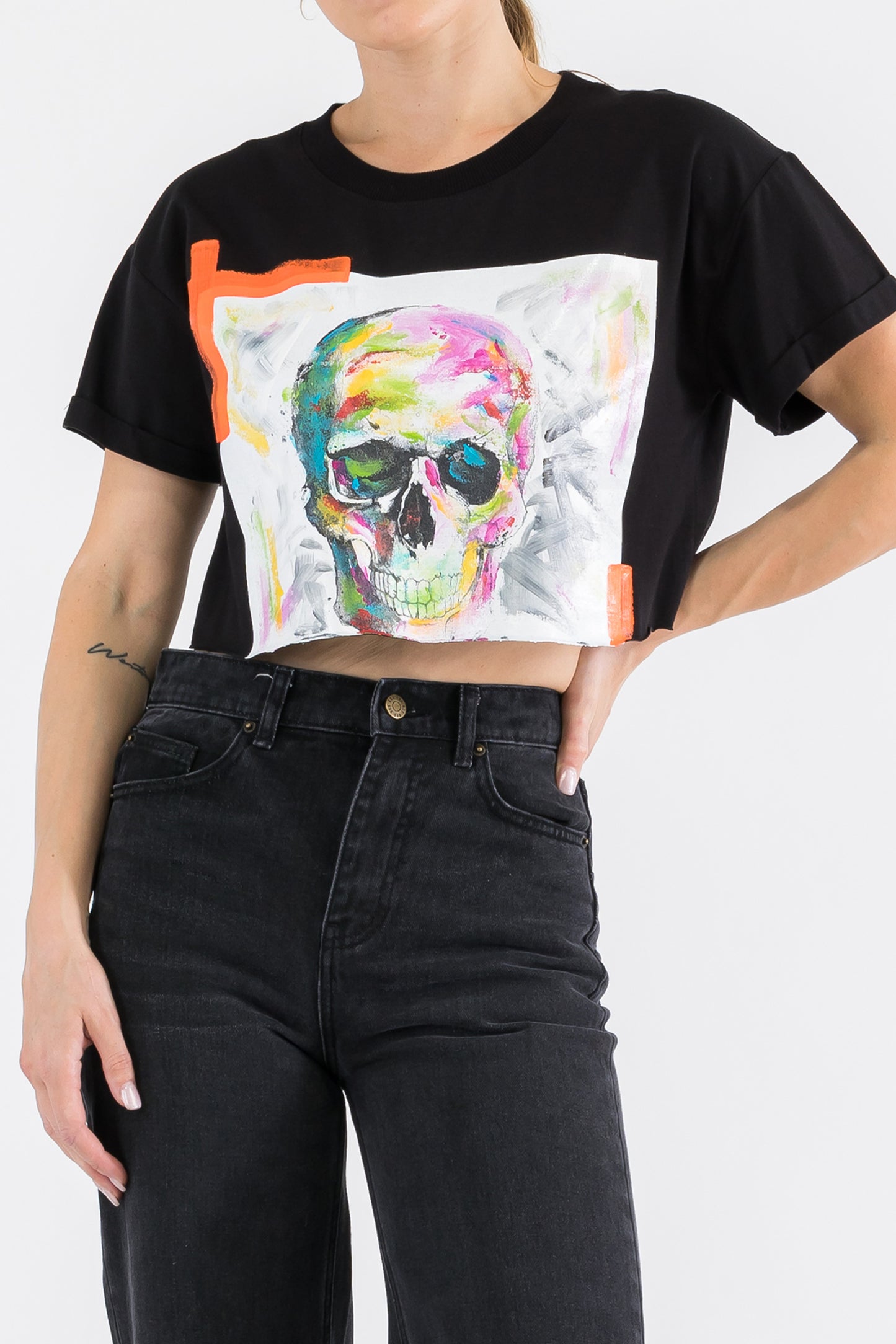 Skull Print W/Hand Painted Art Work Crop Tee White