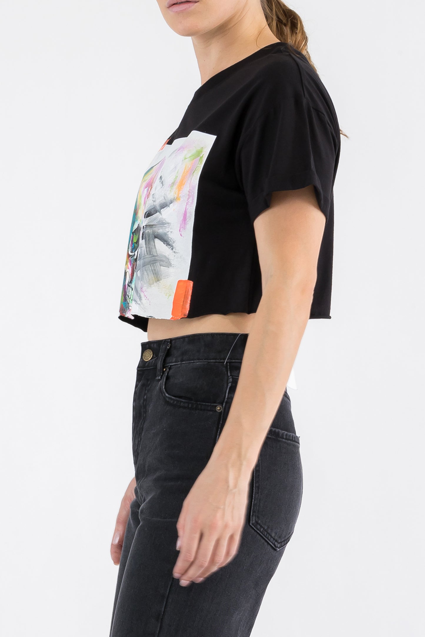 Skull Print W/Hand Painted Art Work Crop Tee White