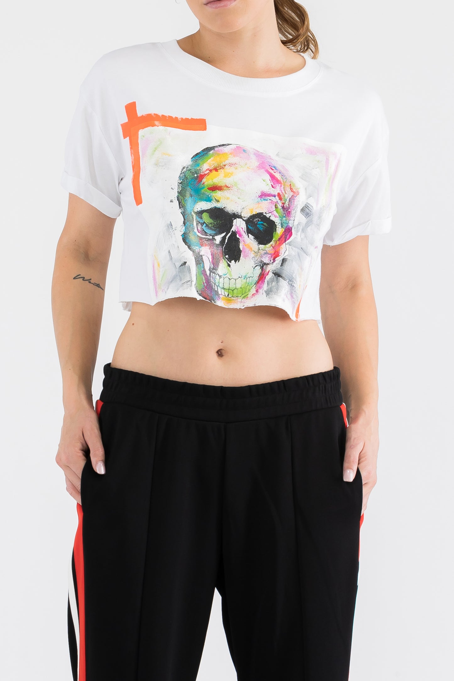 Skull Print W/Hand Painted Art Work Crop Tee Black