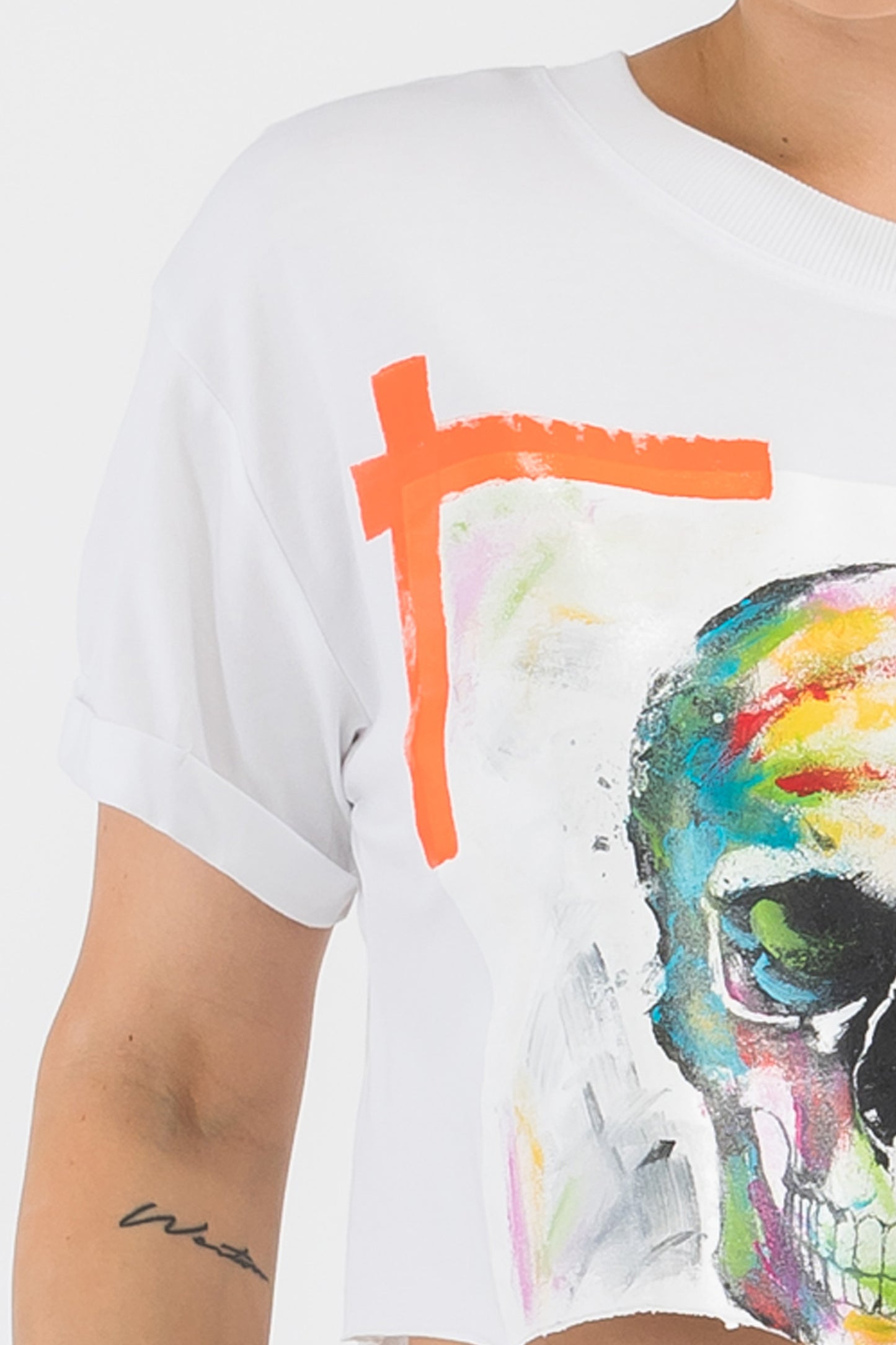 Skull Print W/Hand Painted Art Work Crop Tee Black