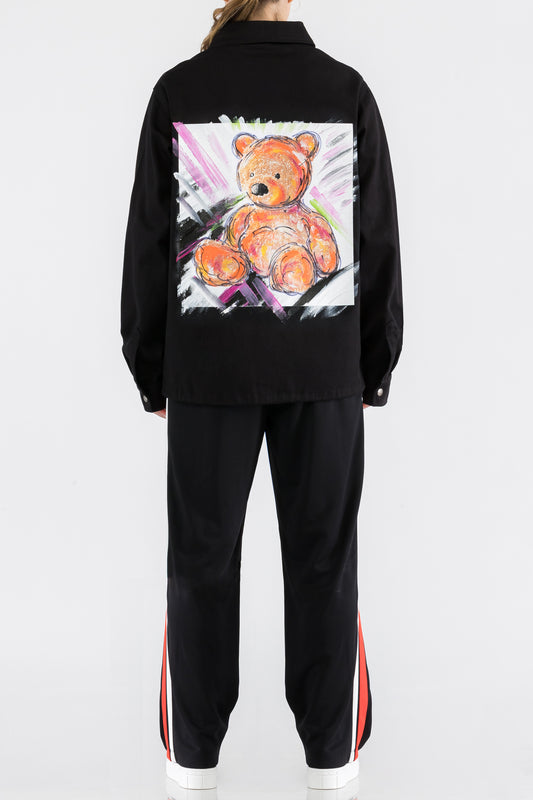 Teddy Bear Print W/Hand Painted Art Work Black Denim Jacket