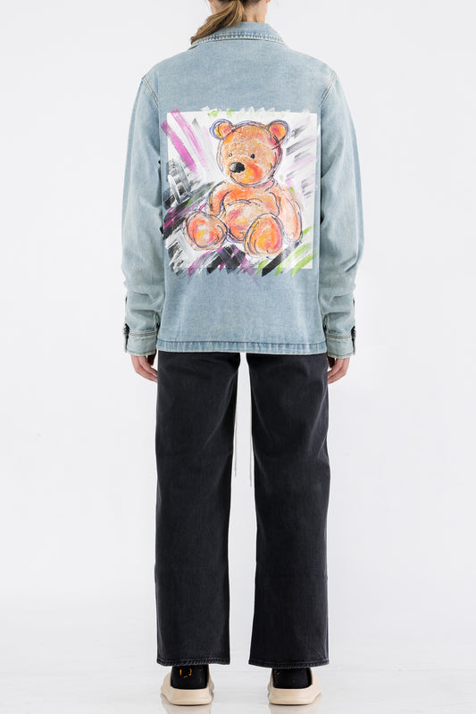 Teddy Bear Print W/Hand Painted Art Work Light Blue Denim Jacket