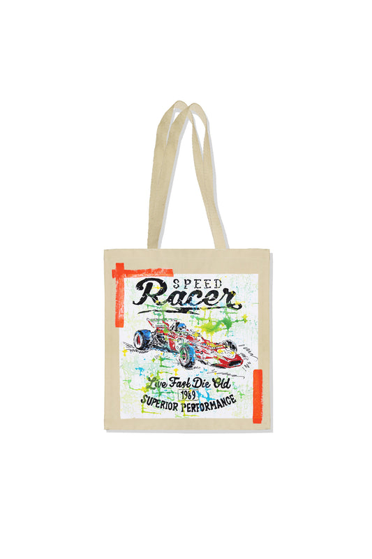 Racing Car Print W/Hand Painted Art Work Canvas Tote Bag