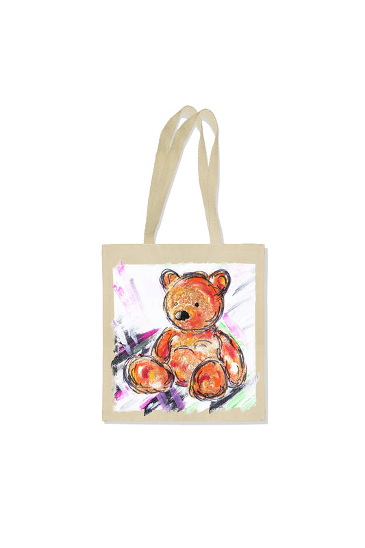 Teddy Bear Print W/Hand Painted Art Work Canvas Tote Bag