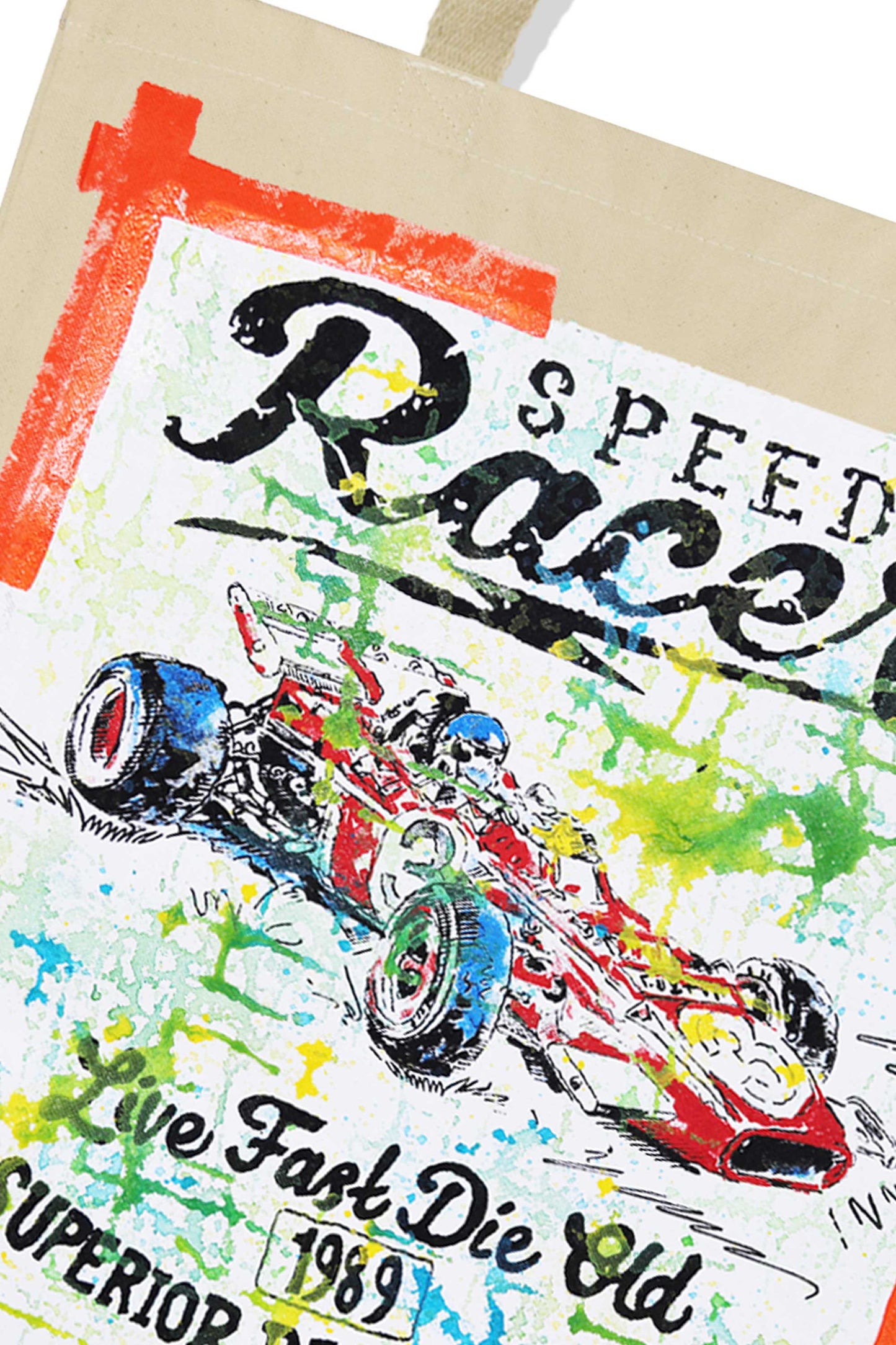 Racing Car Print W/Hand Painted Art Work Canvas Tote Bag