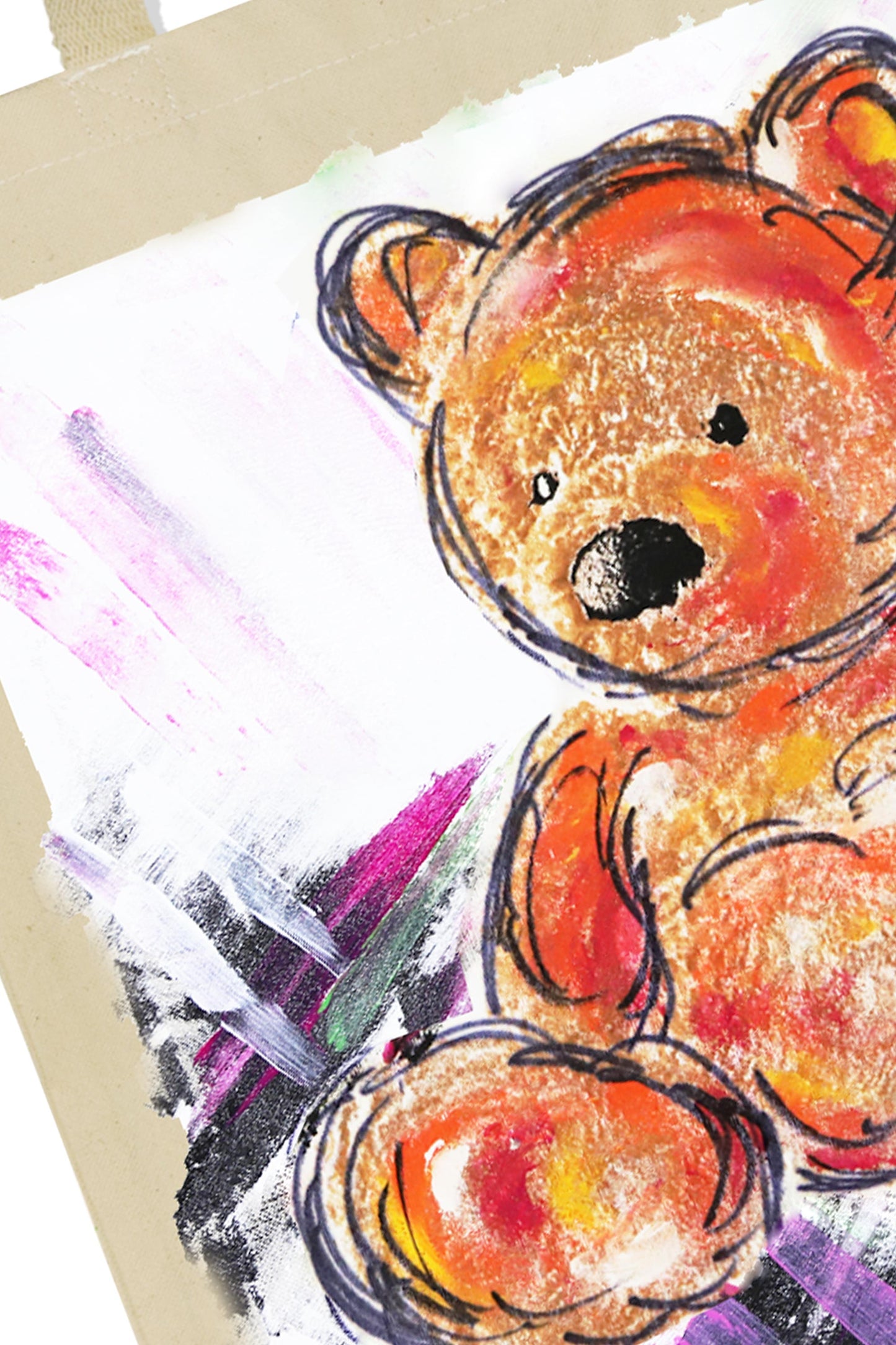 Teddy Bear Print W/Hand Painted Art Work Canvas Tote Bag