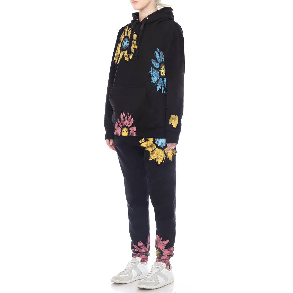 Multi Color Daisy Floral Hand Painted Hoodie Black