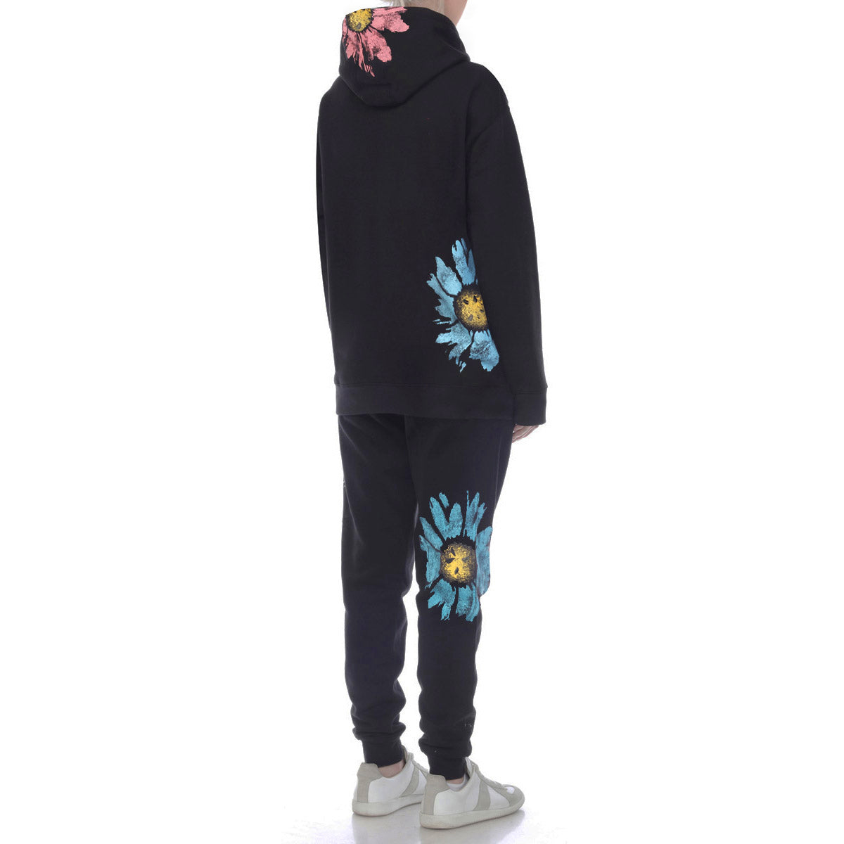 Multi Color Daisy Floral Hand Painted Hoodie Black