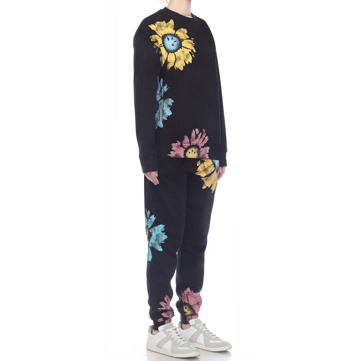 Multi Color Daisy Floral Hand Painted Crew Black