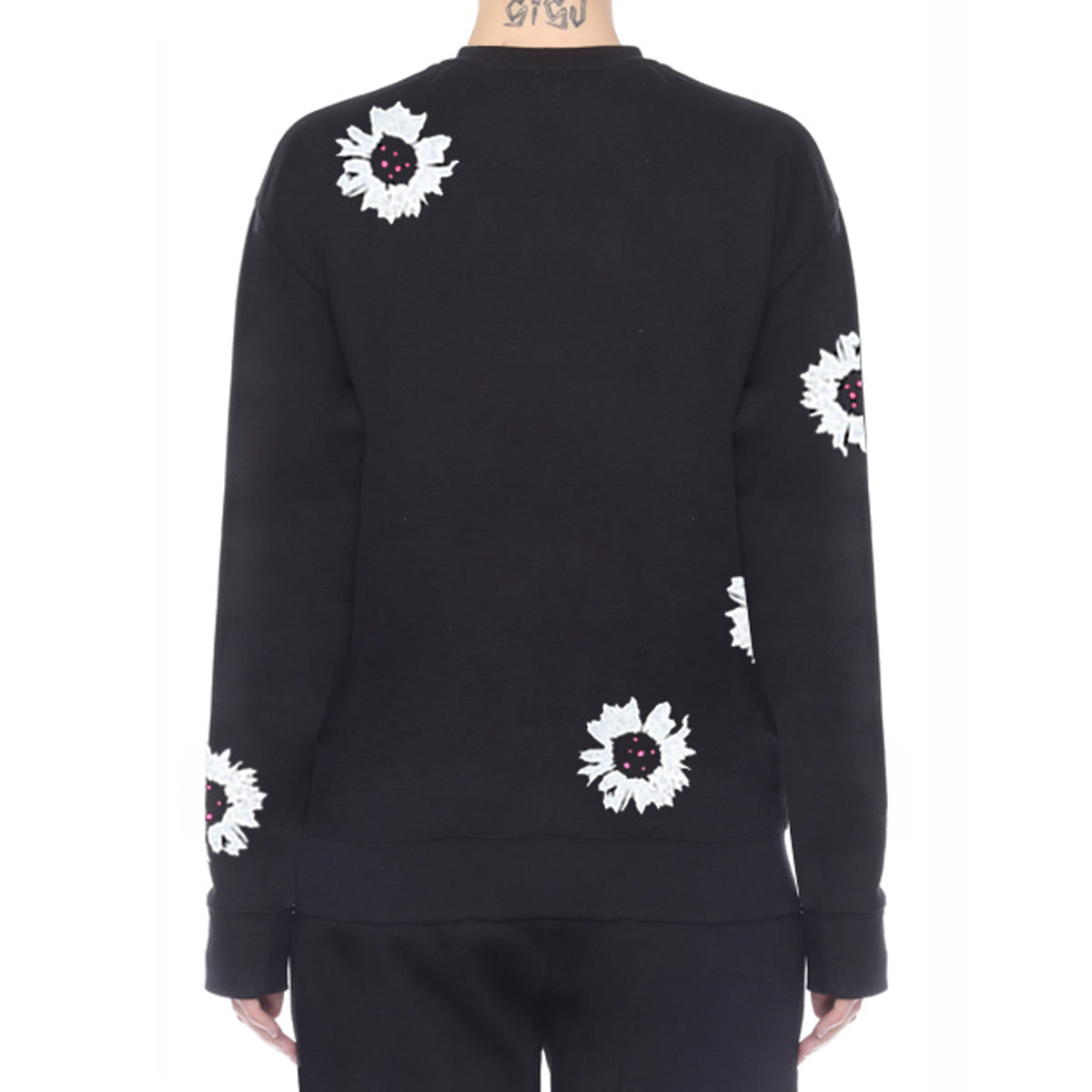 White Color Daisy Floral Hand Painted Crew Black