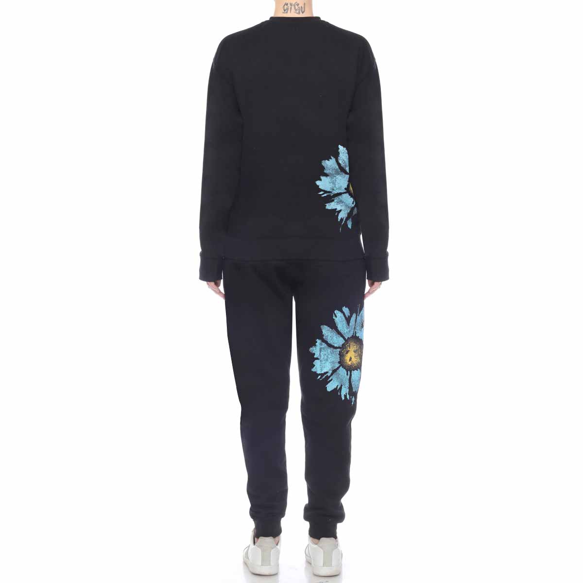 Multi Color Daisy Floral Hand Painted Crew Black