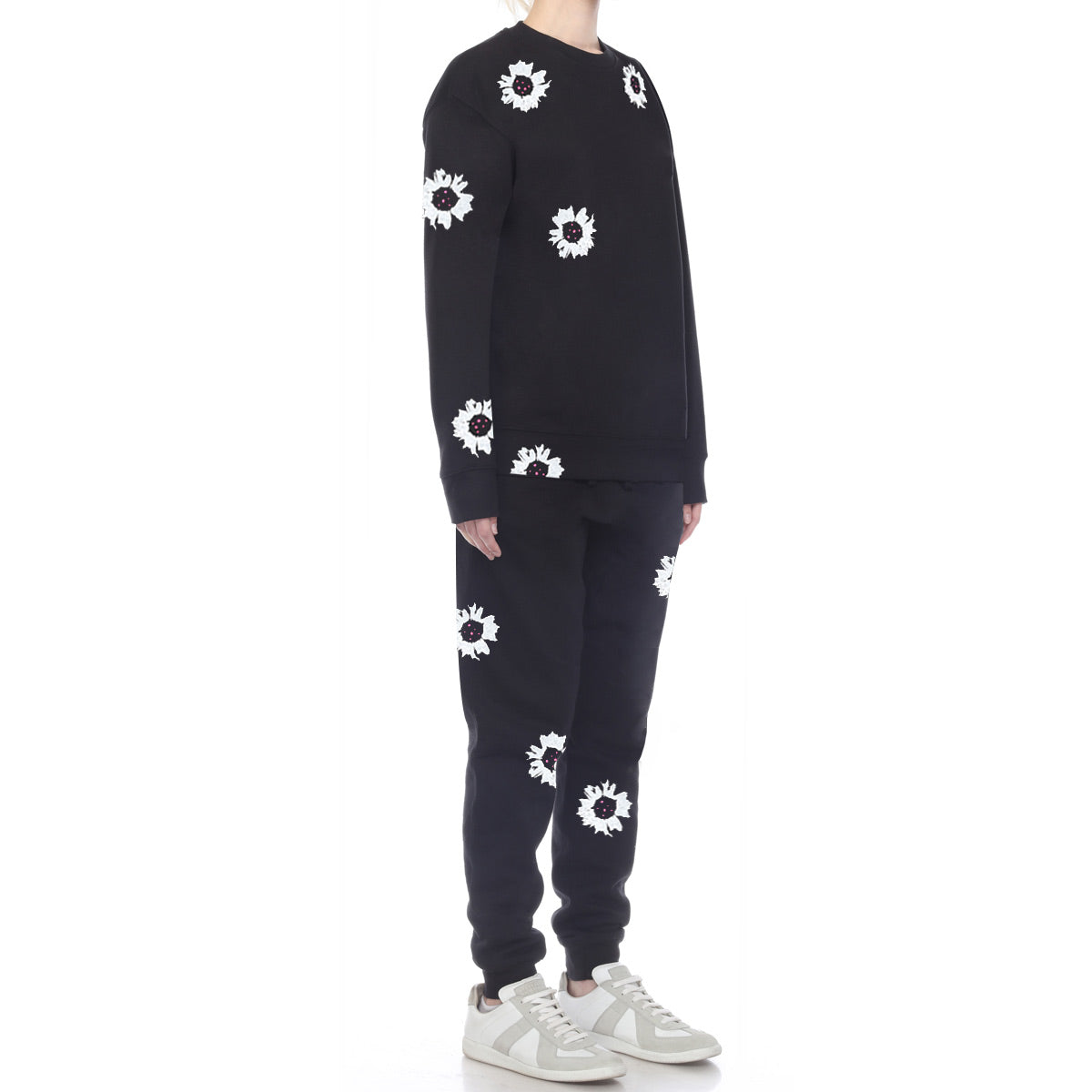 White Color Daisy Floral Hand Painted Crew Black