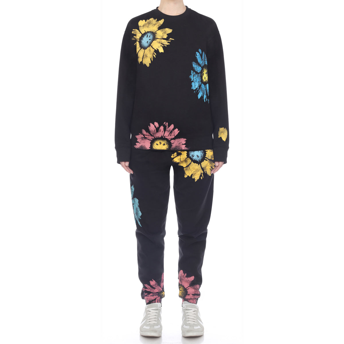 Multi Color Daisy Floral Hand Painted Crew Black