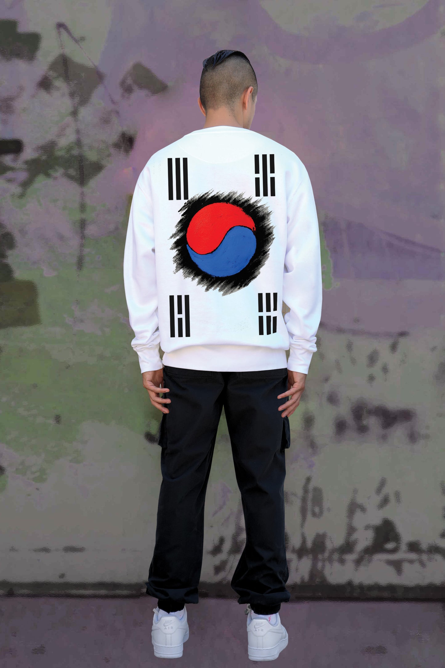 South Korea Flag Hand Painted Art Work Crew White