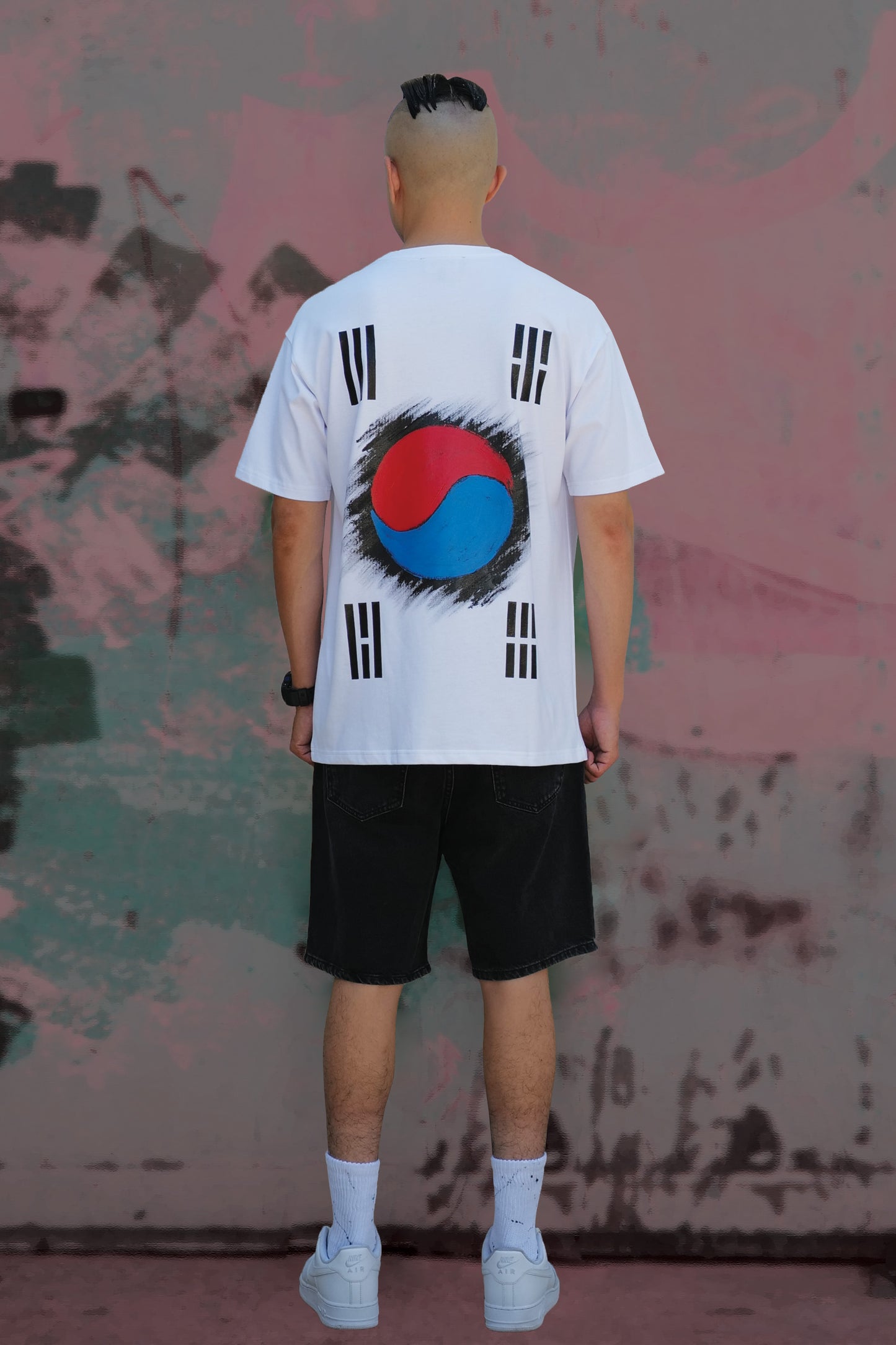 South Korea Flag Hand Painted Art Work Tee White