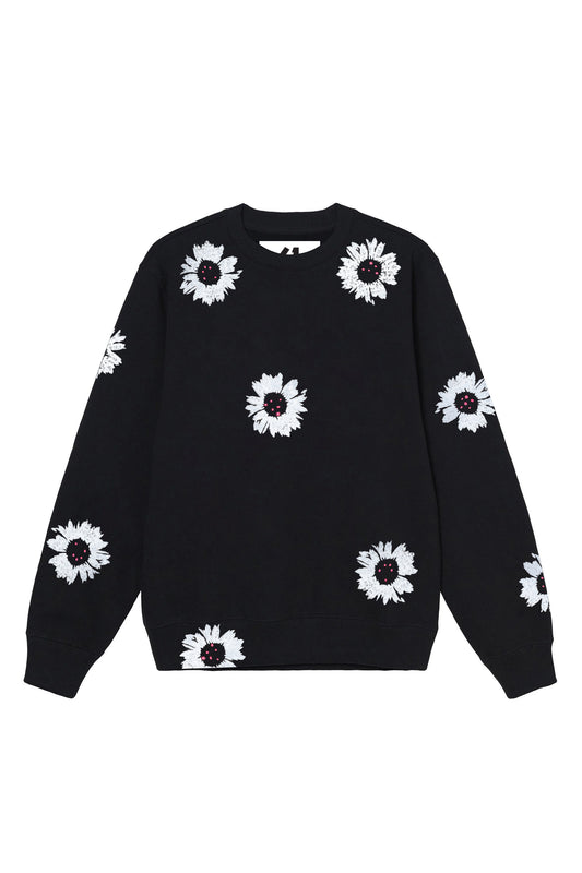 White Color Daisy Floral Hand Painted Crew Black