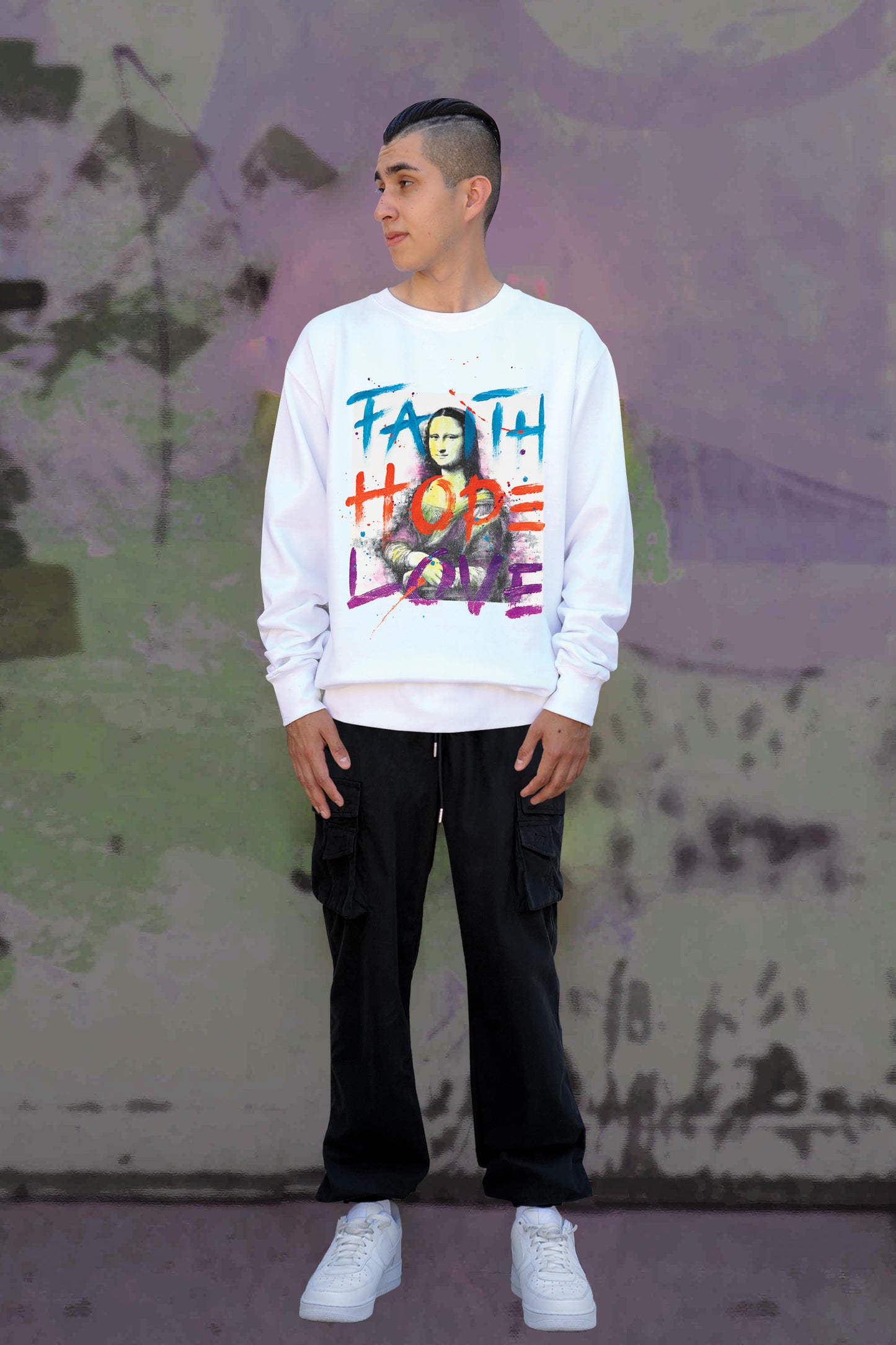 Monalisa Print W/Hand Painted Art Work Crew White