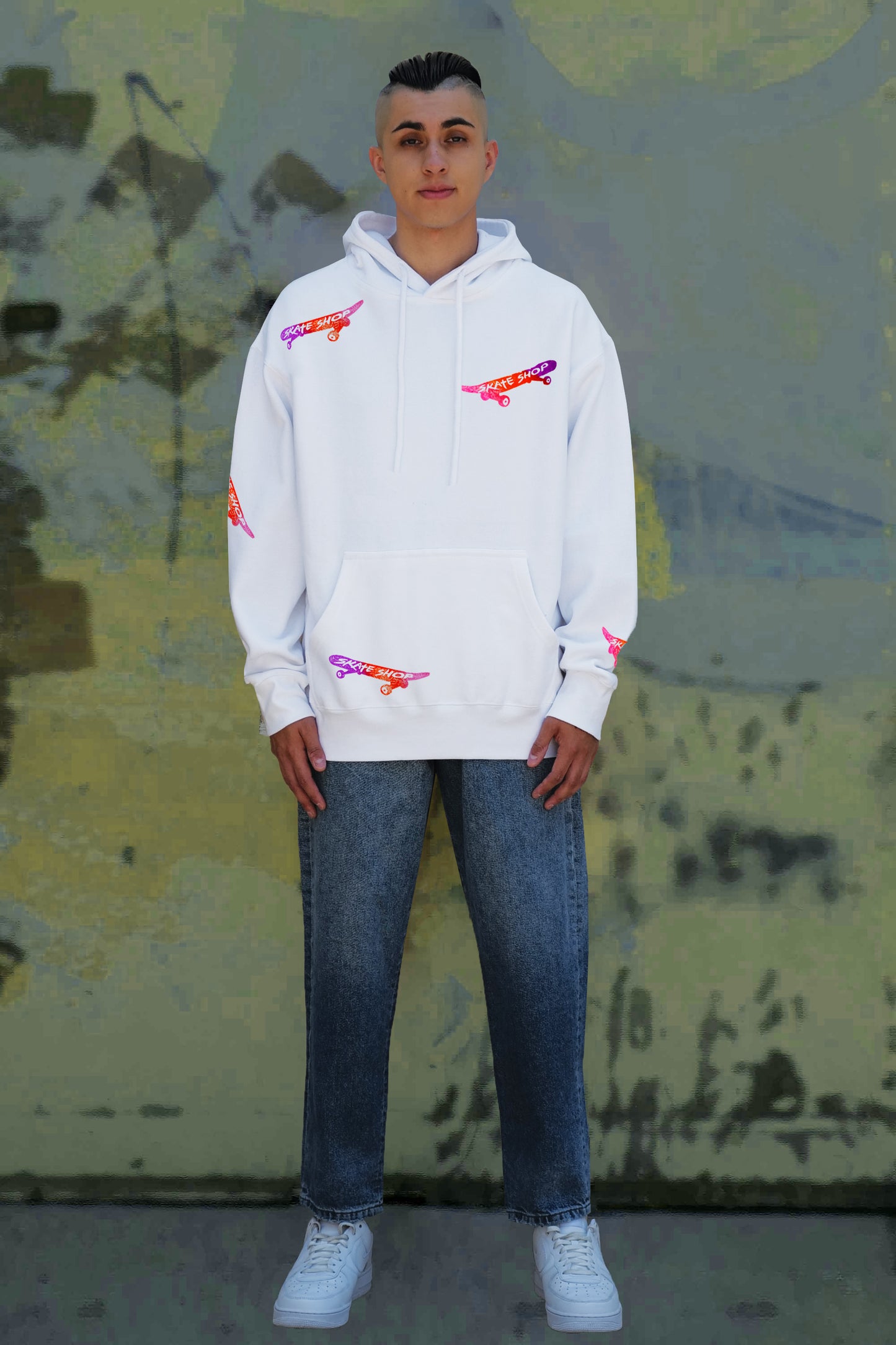 Skateboard Hand Painted Art Work Hoodie White - Multi