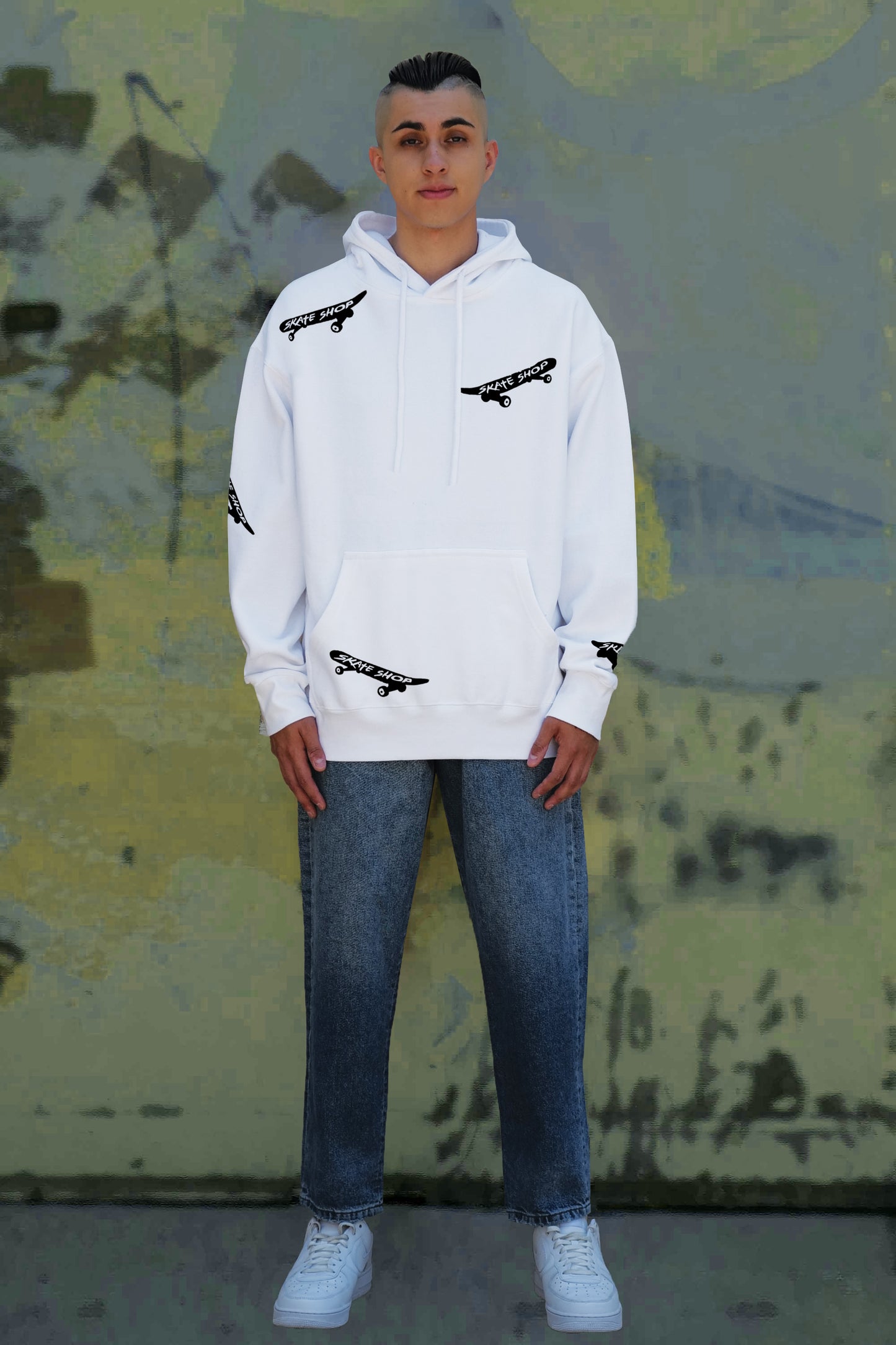 Skateboard Hand Painted Art Work Hoodie White - Black