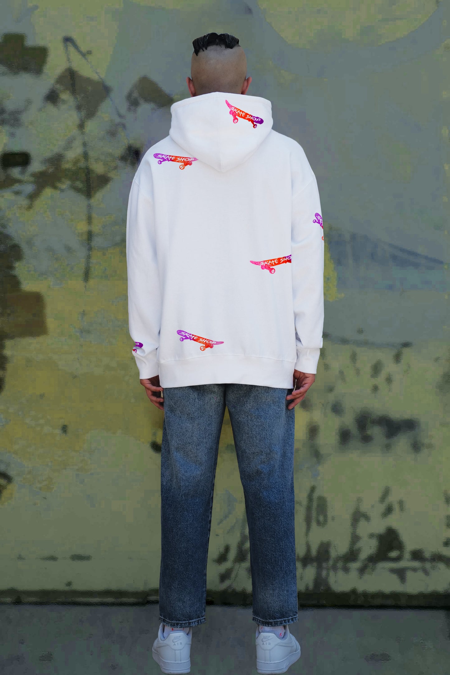 Skateboard Hand Painted Art Work Hoodie White - Multi