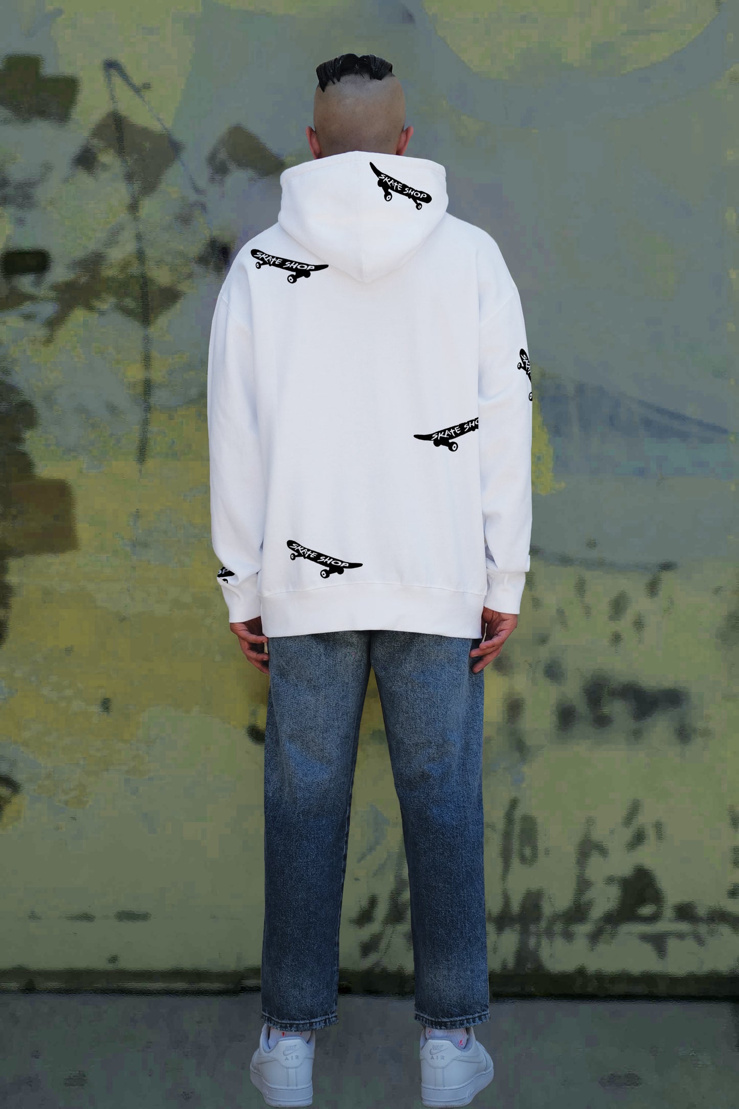 Skateboard Hand Painted Art Work Hoodie White - Black