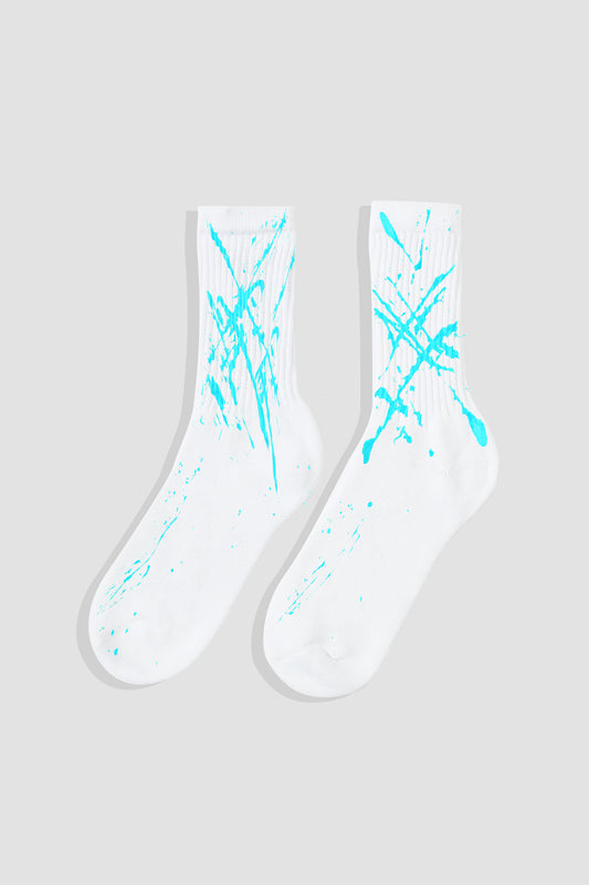 Hand Painted Socks White - Aqua