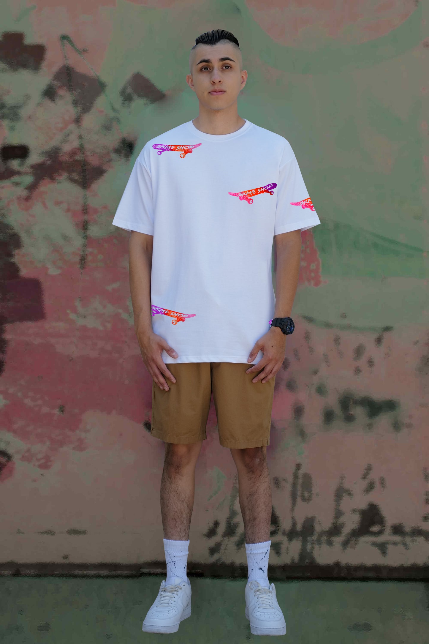 Skateboard Hand Painted Art Work Tee White - Multi